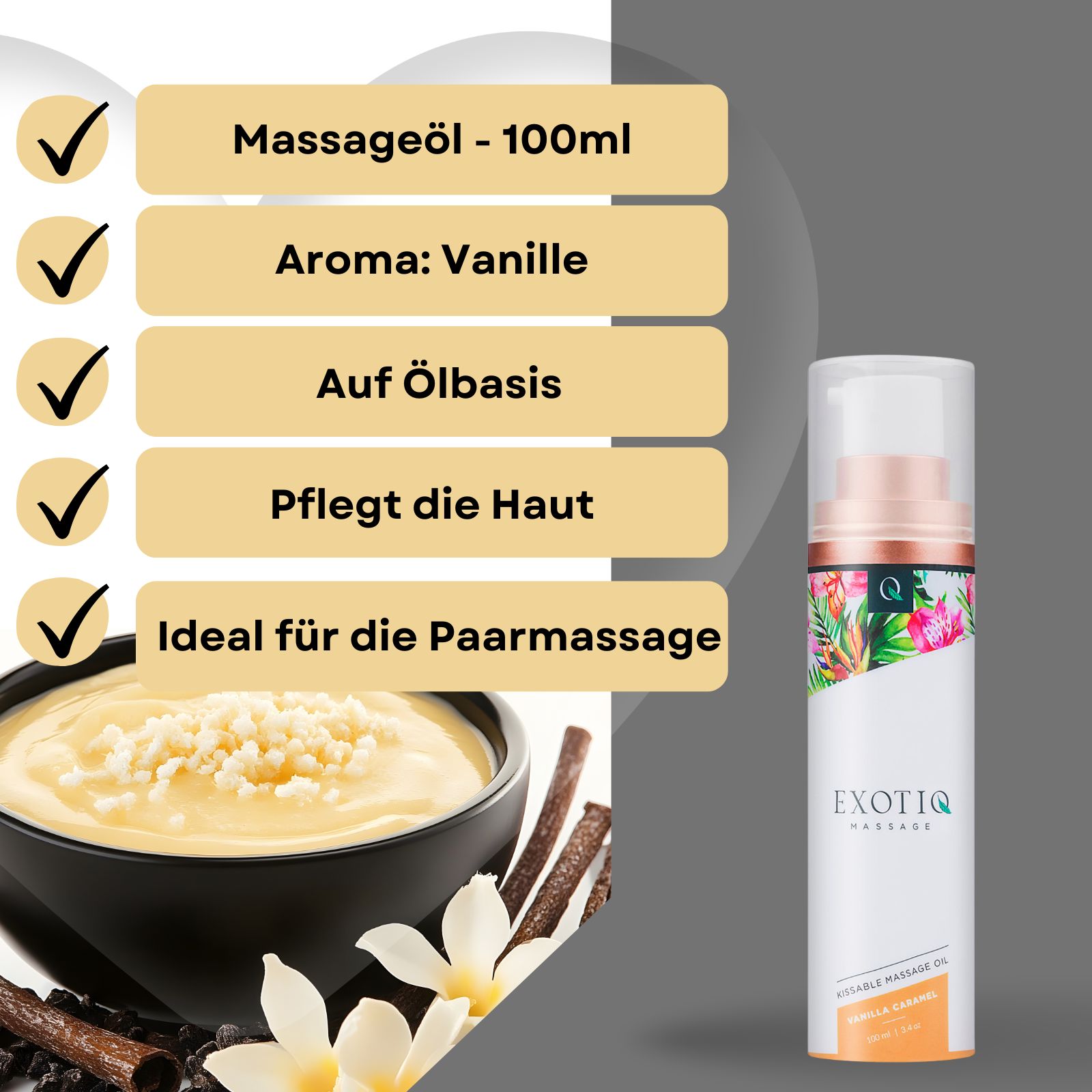 Produkt mit Text: Massageöl, Aroma Vanille, auf Ölbasis, pflegt die Haut, ideal für Paarmassage.