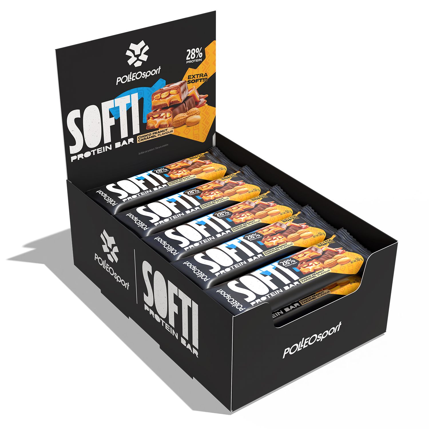 Schwarzer Karton mit Proteinriegeln. Aufdruck: SOFTI PROTEIN BAR, PolleoSport Logo. Riegel in Verpackung.