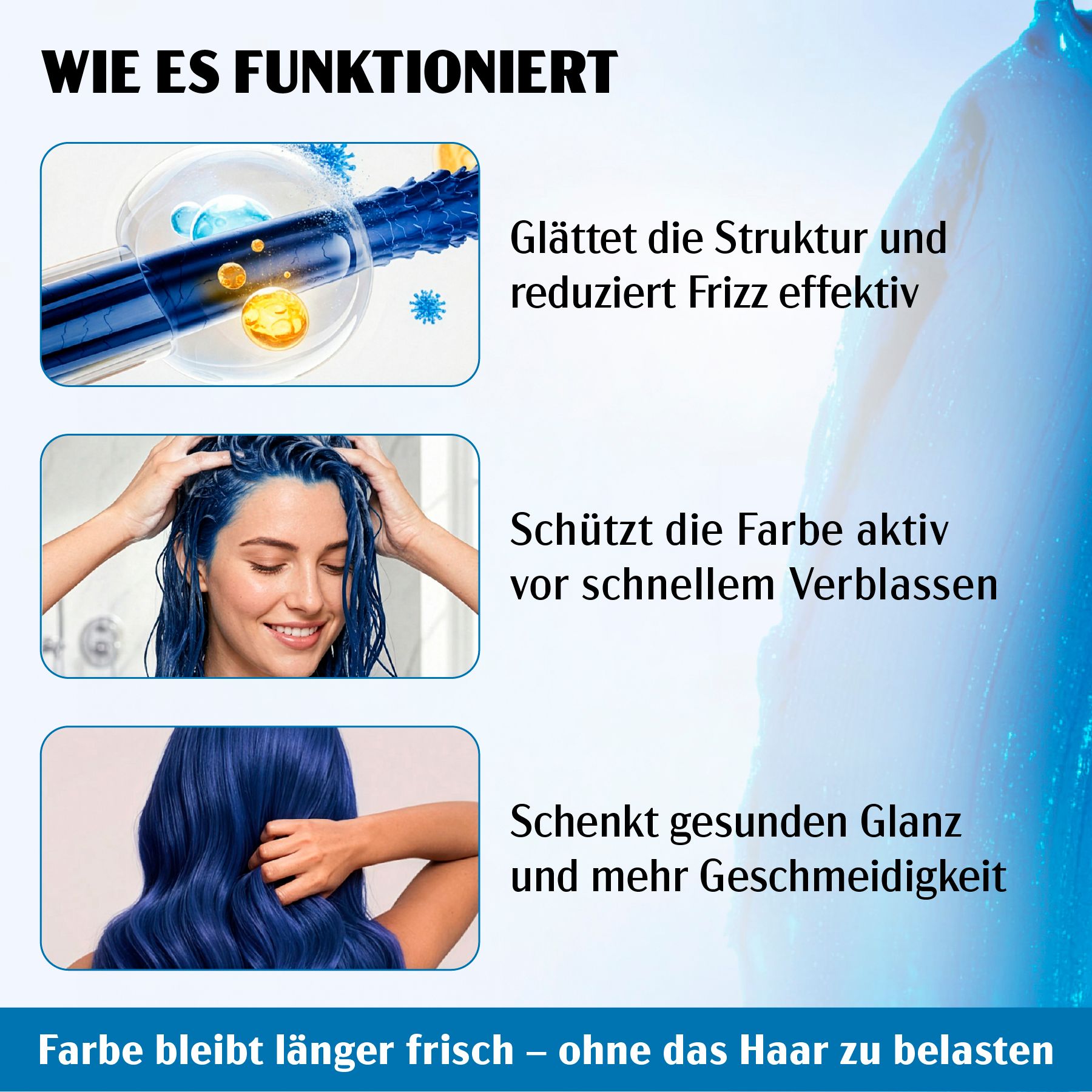 Frau mit blau gefärbten Haaren. Text: Wie es funktioniert. Glättet die Struktur und reduziert Frizz effektiv. Farbe bleibt länger frisch.