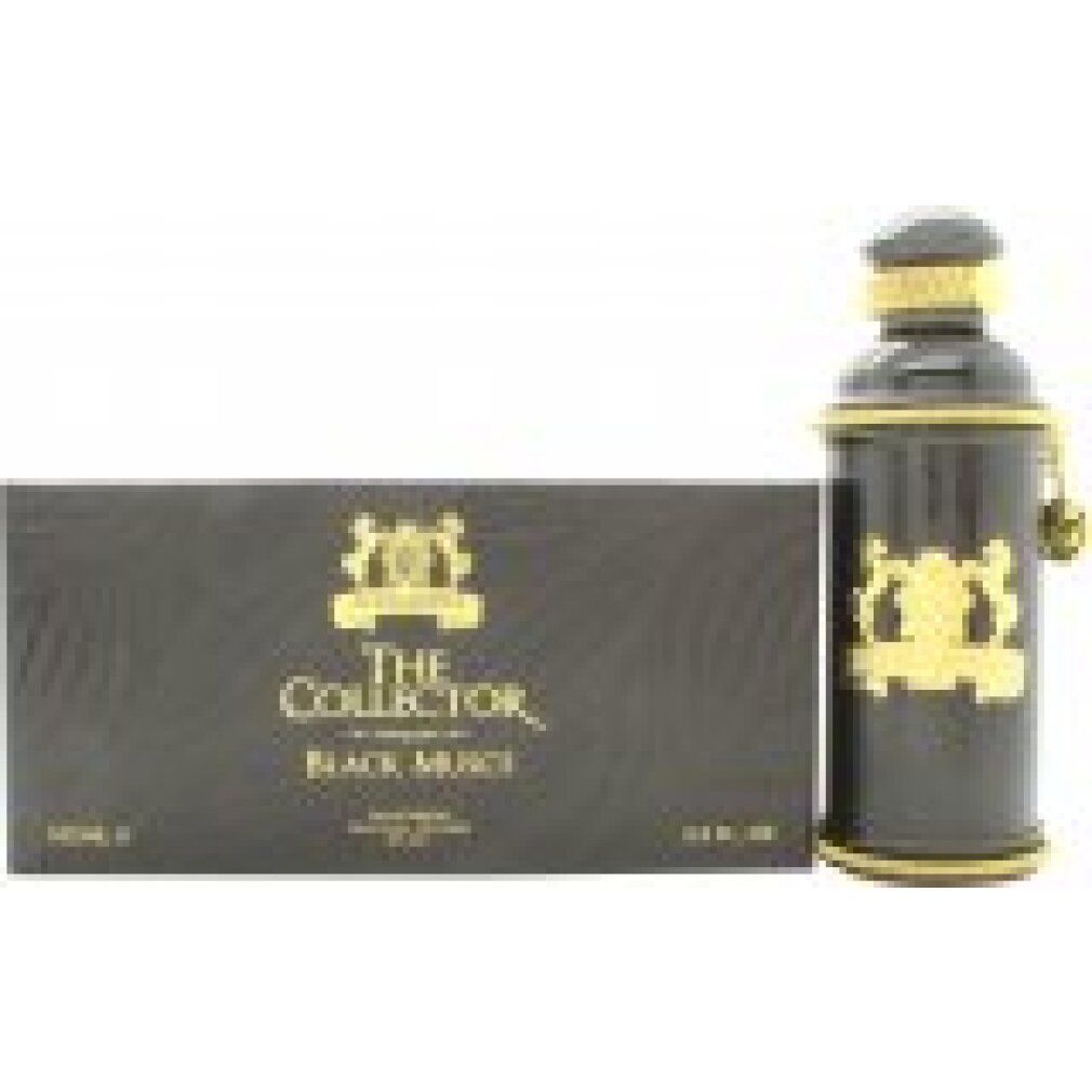 Schwarze Flasche mit goldfarbenen Verzierungen und Verpackung. Aufschrift: The Collector, Black Muscs.