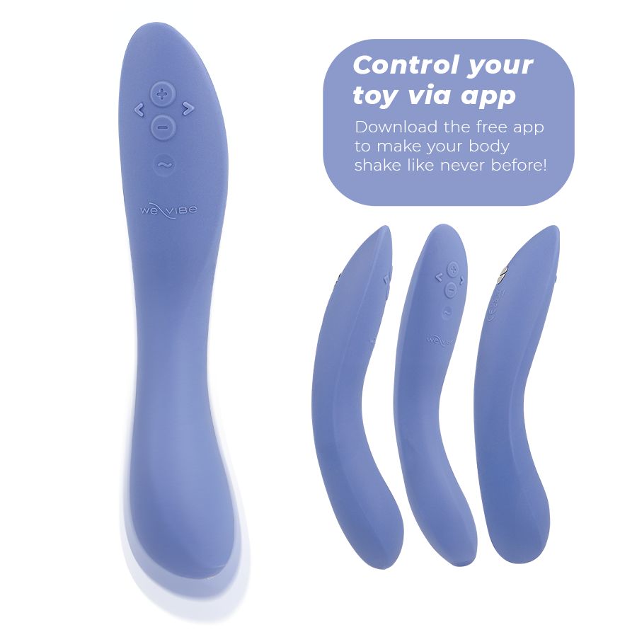 Blaues Vibrationsgerät mit Bedienknöpfen. Drei weitere Geräte in verschiedenen Winkeln. Text: "Control your toy via app".