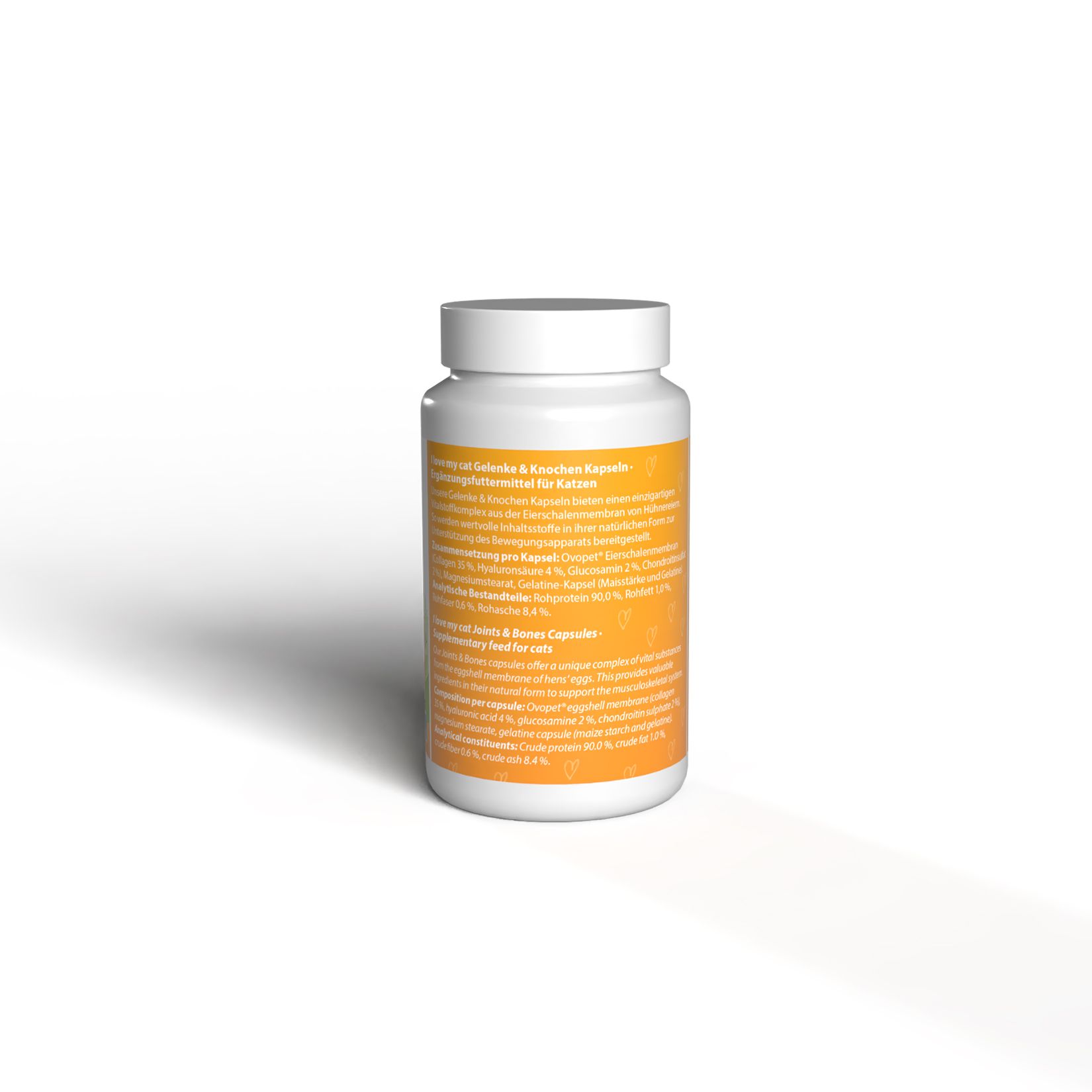 Weiße Flasche mit orangefarbenem Etikett. Text auf Deutsch. Deckel oben. Rückansicht des Produkts.