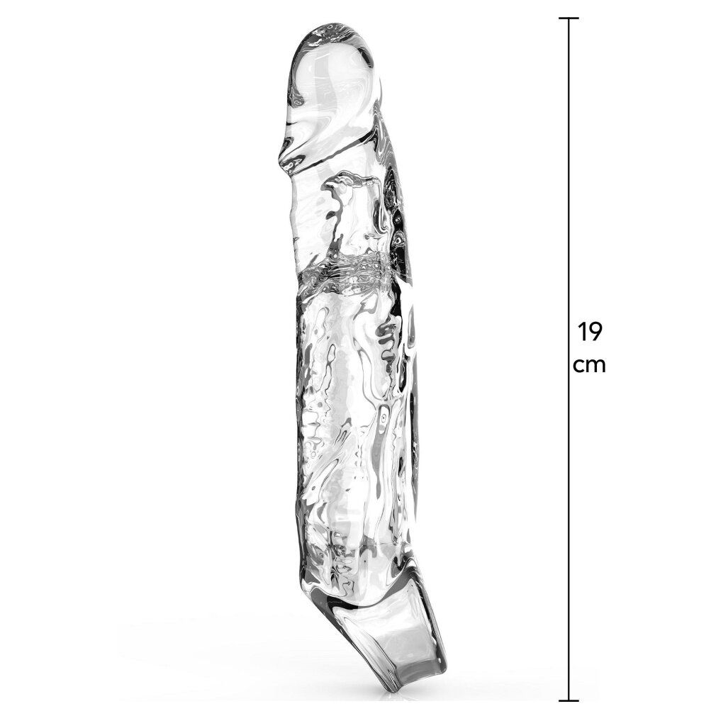 Transparente Penishülle. Geformt, mit sichtbaren Details. Klare, glatte Oberfläche. 19 cm Messlinie neben dem Produkt.