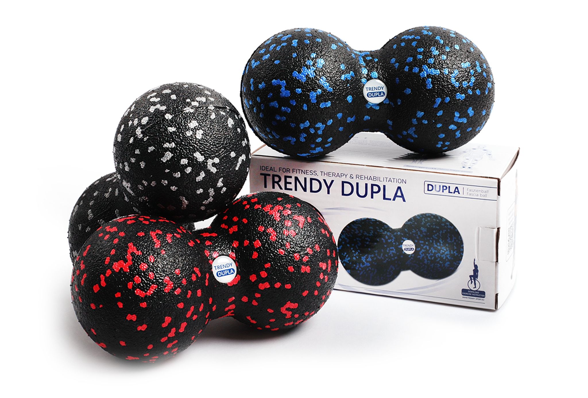 Mehrere Faszienbälle in Schwarz, Rot und Blau mit weißen und blauen Punkten. Eine Doppelball-Form. Verpackung mit Produktnamen.
