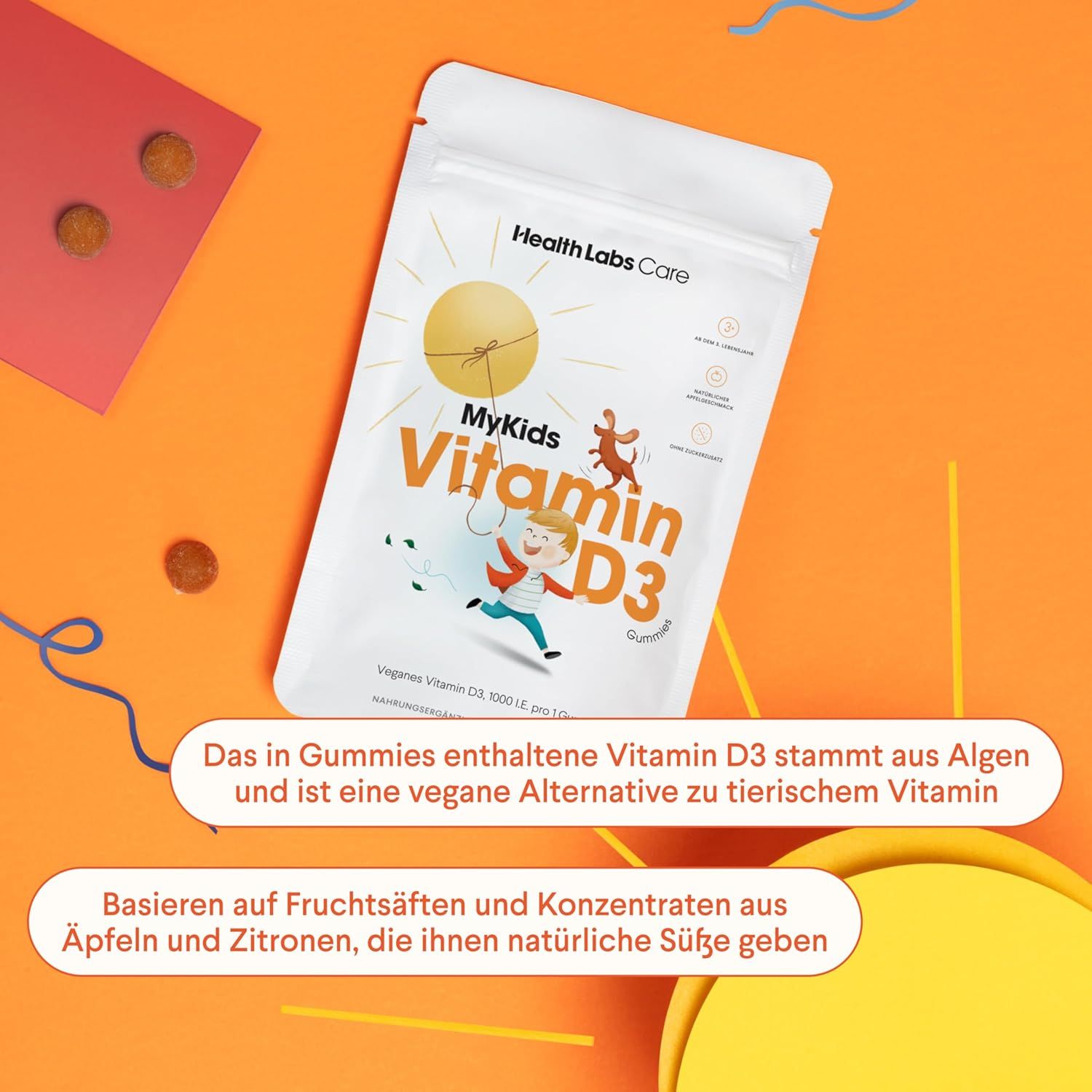 Beutel mit Vitamin D3 Gummies. Text: Vitamin D3 in Gummies aus Algen, vegane Alternative. Basieren auf Fruchtsäften und Konzentraten aus Äpfeln und Zitronen.