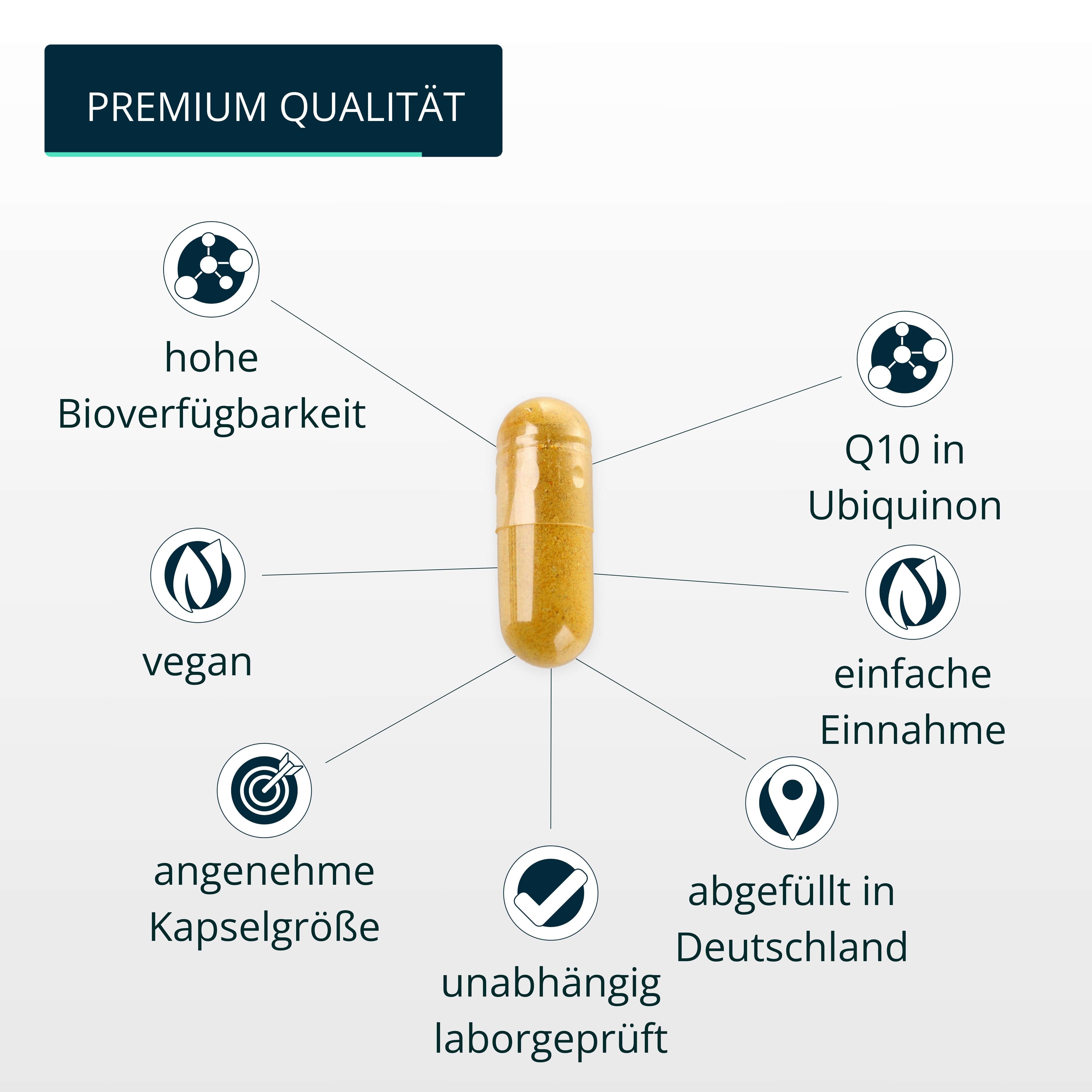 Gelbe Kapsel mit Text: hohe Bioverfügbarkeit, vegan, angenehme Kapselgröße, Q10 in Ubiquinon, laborgeprüft.