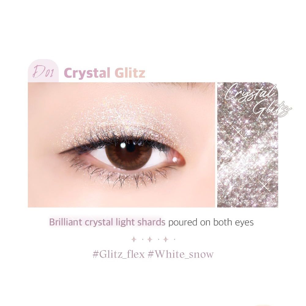 Auge mit Crystal Glitz Lidschatten. Rechts ein Ausschnitt des Lidschattens. Text: Brilliant crystal light shards poured on both eyes.