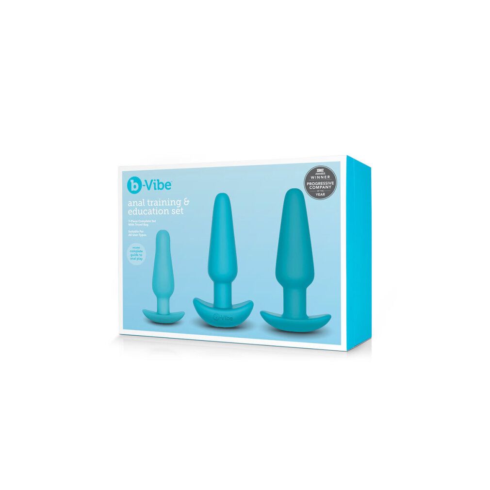 Verpackung mit drei türkisfarbenen Analplugs unterschiedlicher Größe. Aufschrift: Anal Training & Education Set.
