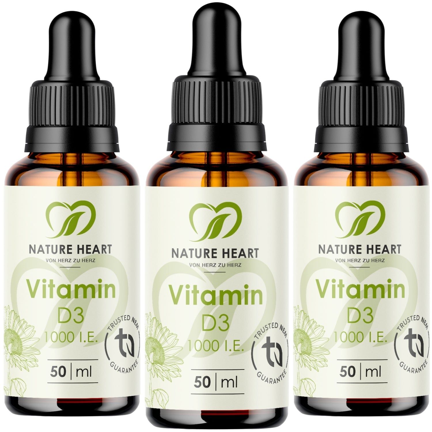 Drei Flaschen Nature Heart Vitamin D3 Tropfen, je 50 ml, mit Pipettenverschluss.