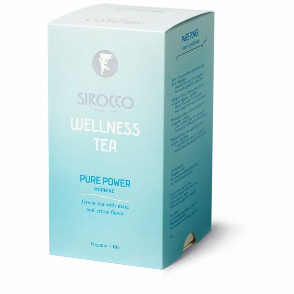 Hellblaue Schachtel mit "Sirocco Wellness Tea". Text: "Pure Power Morning". Logo und Schriftzug in Weiß. Bio-Siegel.