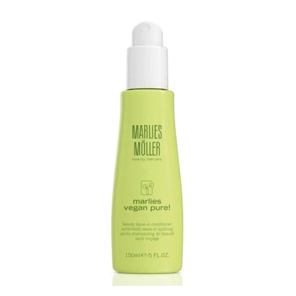 Grüne Flasche mit weißem Pumpkopf. Aufschrift: Marlies Möller, vegan pure!. Text: Beauty Leave-in Conditioner. 150ml/5 FL.OZ.