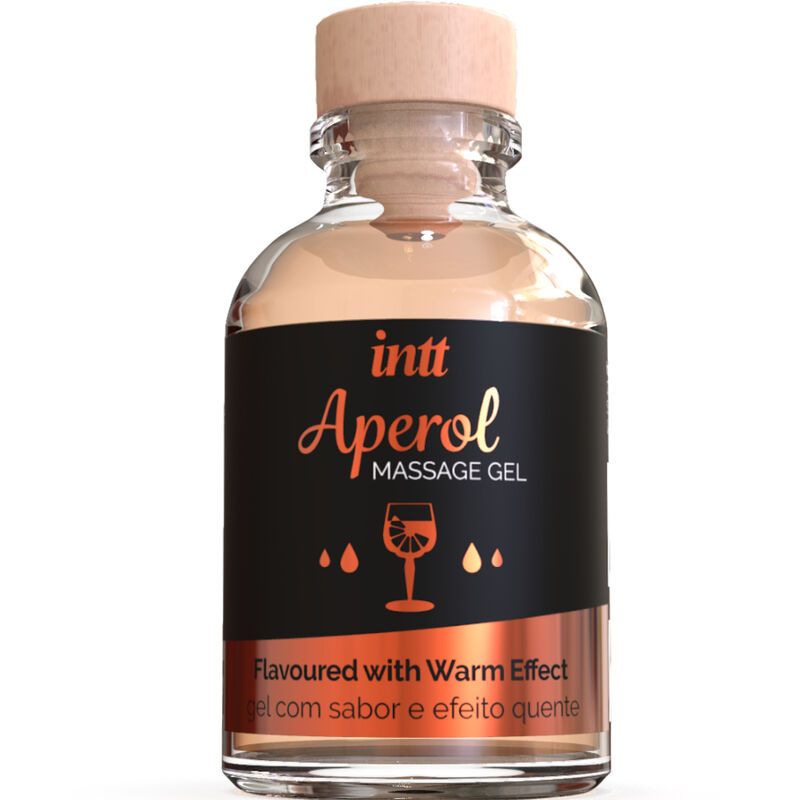 Glasflasche mit braunem Verschluss. Schwarzes Etikett mit "intt Aperol Massage Gel".
