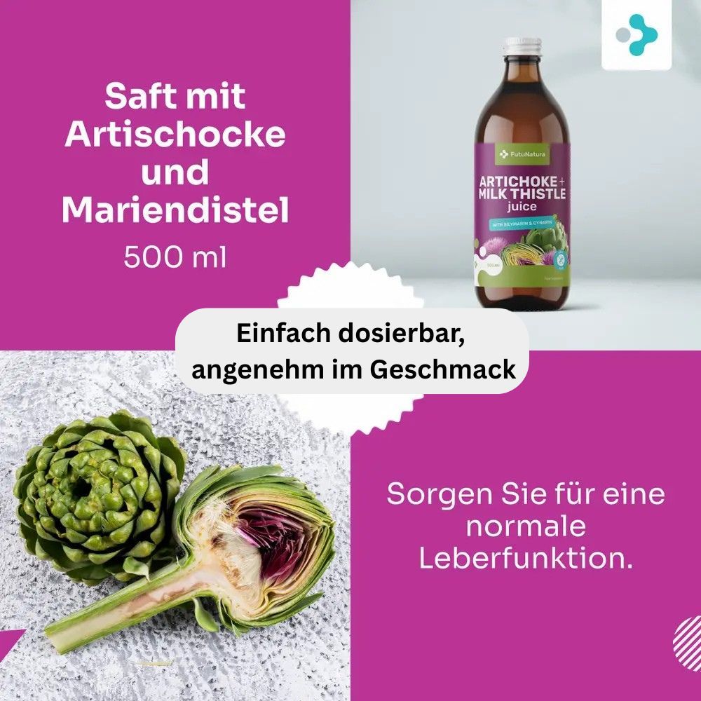 Produktflasche mit Etikett. Text: Saft mit Artischocke und Mariendistel, 500 ml. Artischocken-Hälfte. Logo.