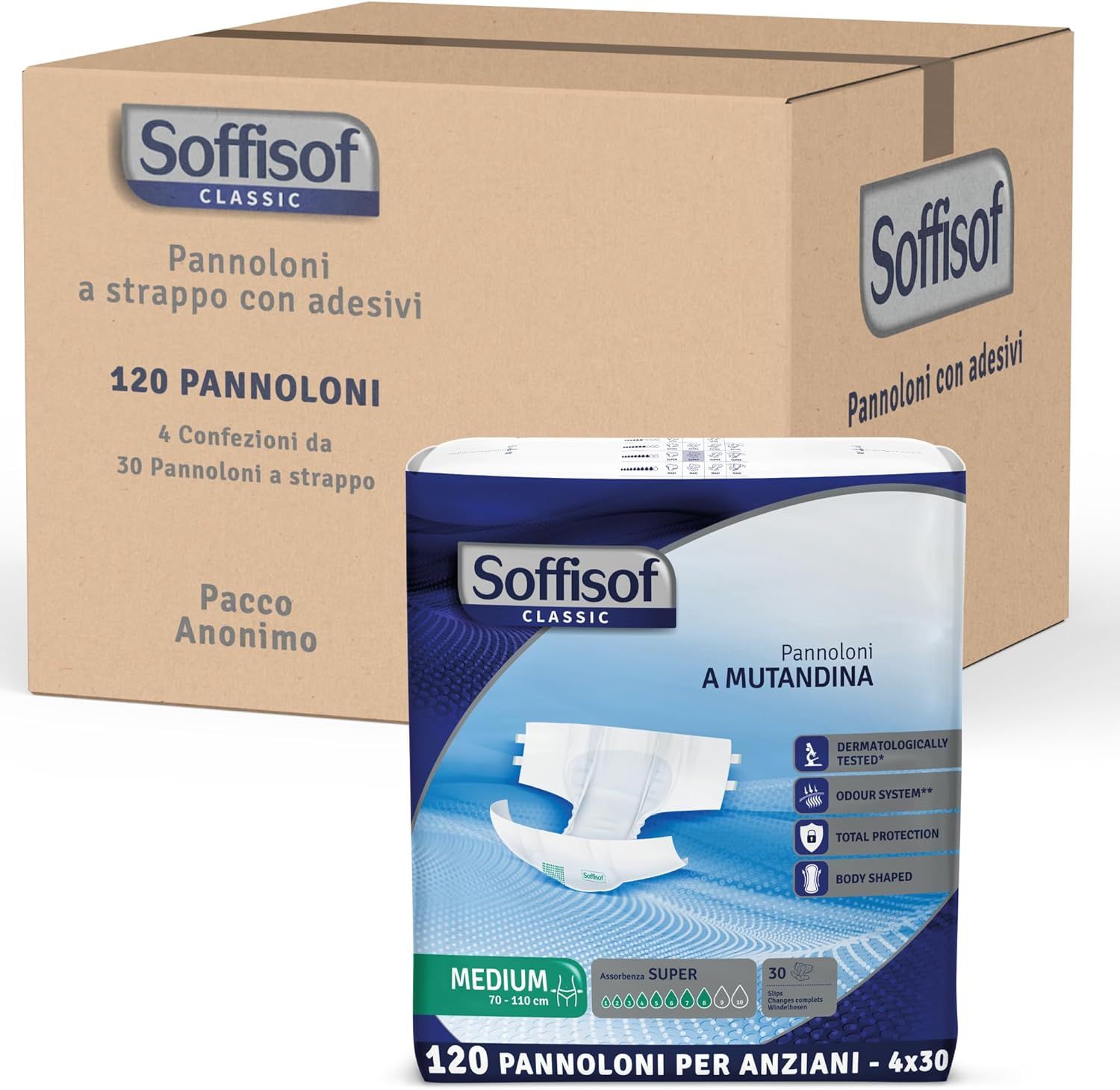 Soffisof Classic Windeln für Erwachsene Super. Verpackung mit Windeln und Karton.
