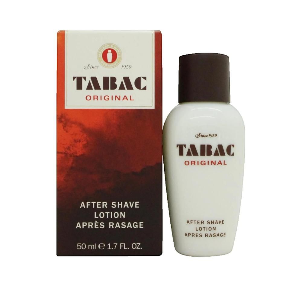Weiße Flasche mit braunem Deckel und roter Schrift. Aufschrift: TABAC ORIGINAL, After Shave Lotion. Dahinter eine rote Schachtel.