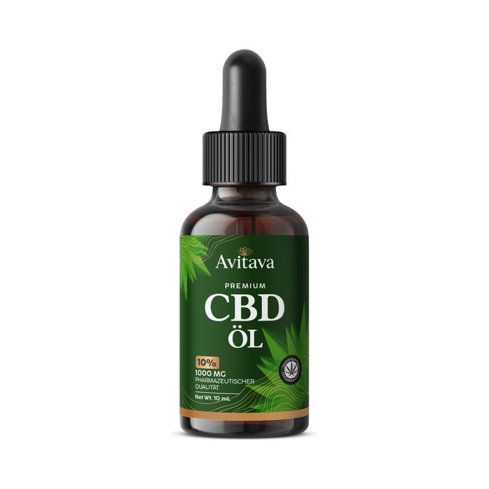 Avitava CBD Öl Flasche mit Pipettenverschluss. Dunkles Glas mit grünem Etikett, das Blattmotive und Produktinformationen zeigt.