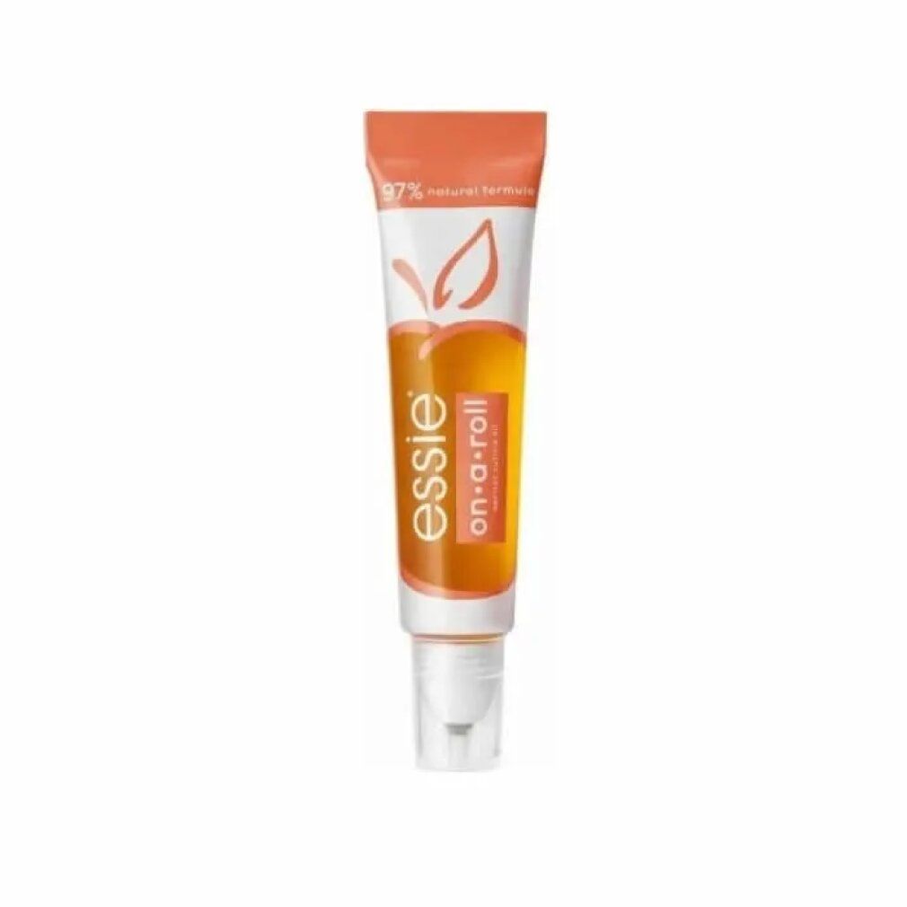 Tube mit Roll-on-Applikator. Orangefarbener Inhalt, weißer Hintergrund. Aufschrift: Essie on-a-roll apricot cuticle gel, 97% natural formula.