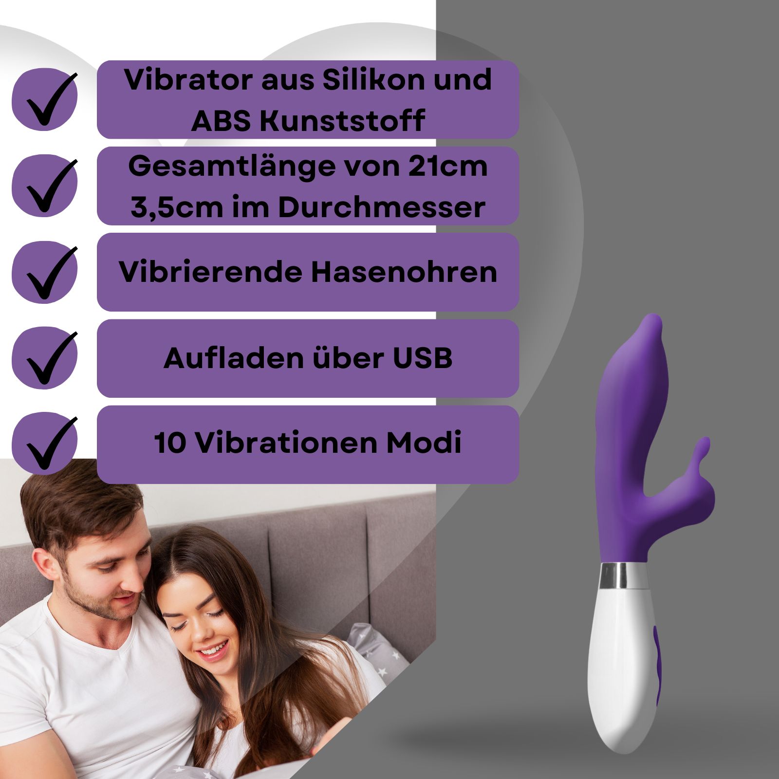 Lila-weißer Vibrator mit Hasenohren. Aus Silikon und ABS-Kunststoff. 21 cm lang, 3,5 cm Durchmesser. 10 Vibrationsmodi. USB-Aufladung.