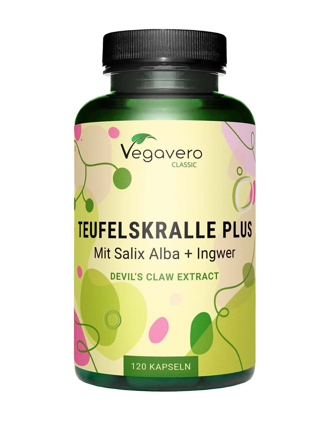 Grüne Flasche mit schwarzen Deckel. Aufschrift: TEUFELSKRALLE PLUS. 120 Kapseln. Vegavaro Classic Logo.