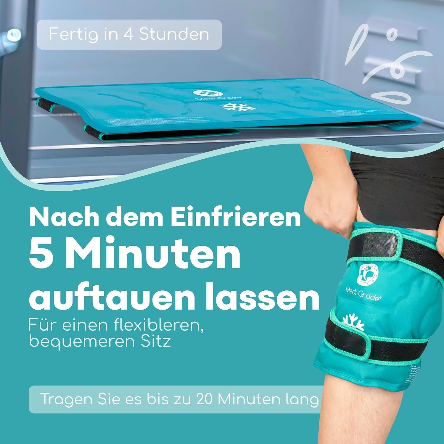 Türkisfarbenes Knie-Kühlpack mit schwarzen Klettverschlüssen, das in einer Gefriertruhe liegt.