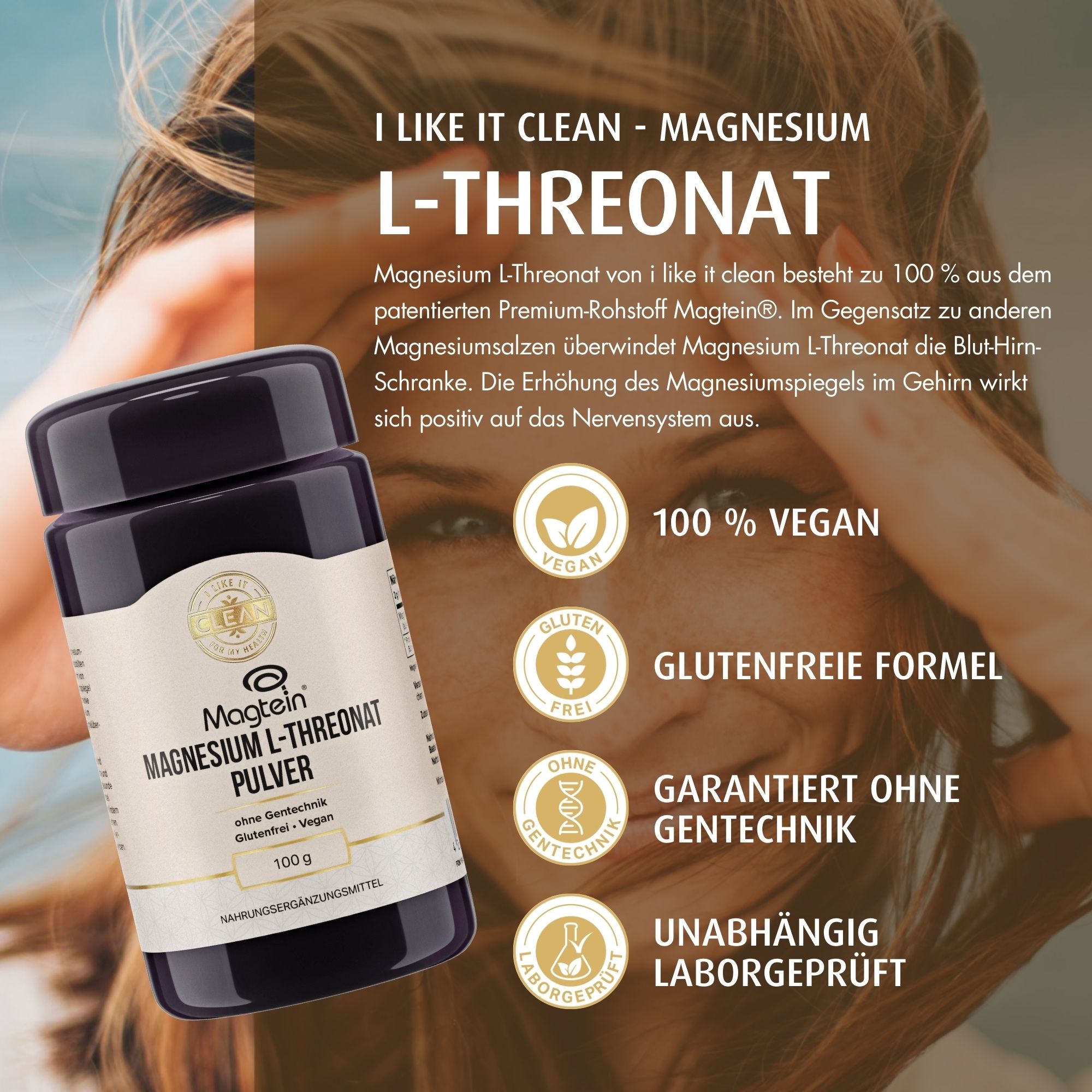 Dunkle Dose mit Magnesium L-Threonat Pulver. Aufschrift: Magtein, 100% vegan, glutenfrei, ohne Gentechnik, laborgeprüft. Frau im Hintergrund.