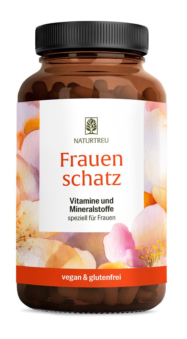 Braune Glasflasche mit schwarzem Schraubverschluss, Etikett mit Blumenmuster und Produktinformationen.