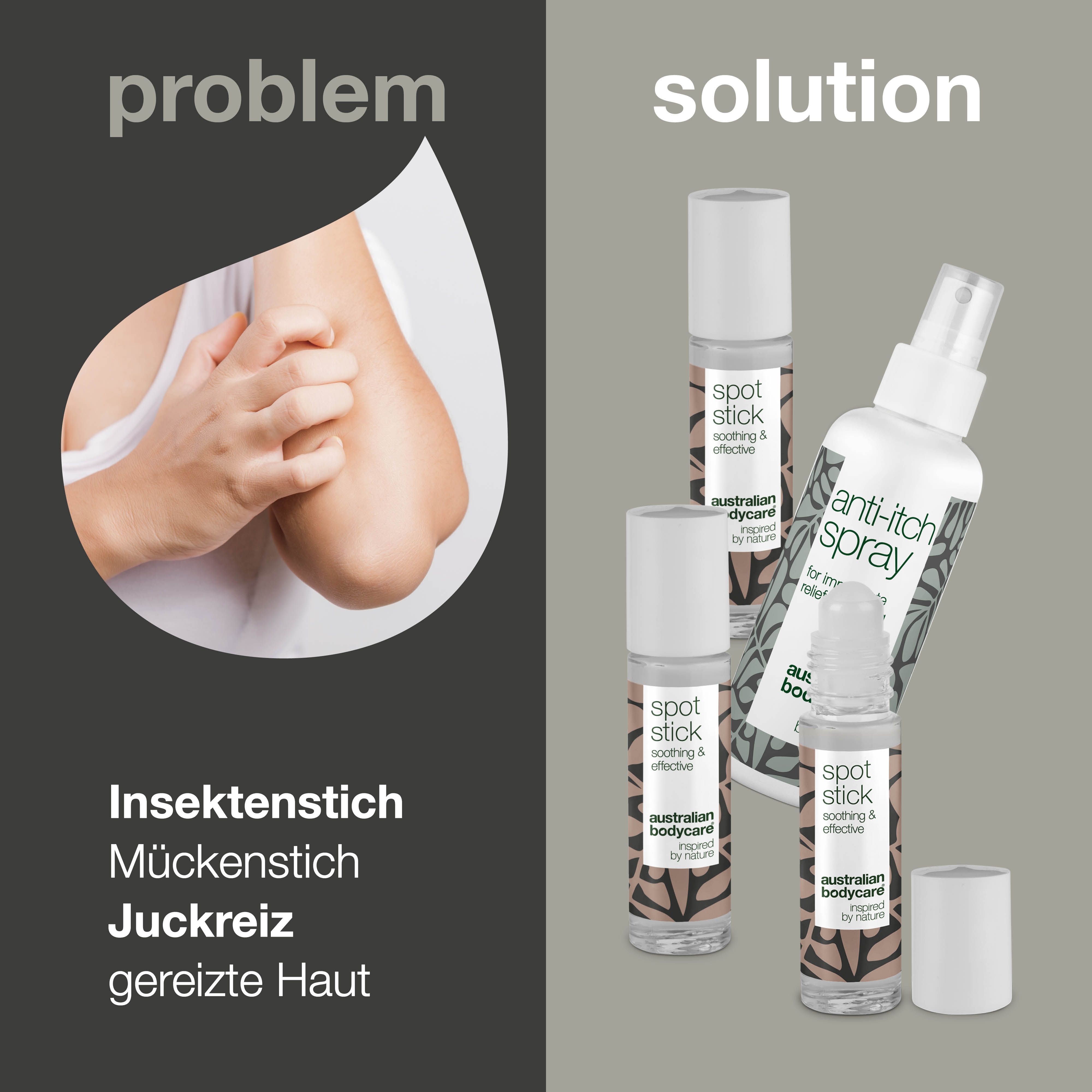 Grafik mit Problem und Lösung.  Anti-Juckreiz-Spray und Spot Sticks.  Markenname und Text sichtbar.