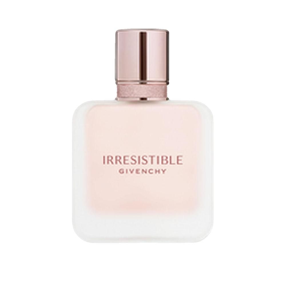 Parfümflakon mit rosa Flüssigkeit. Quadratische Form mit abgerundeten Ecken. Roségoldfarbener Verschluss. Schriftzug "IRRESISTIBLE GIVENCHY".