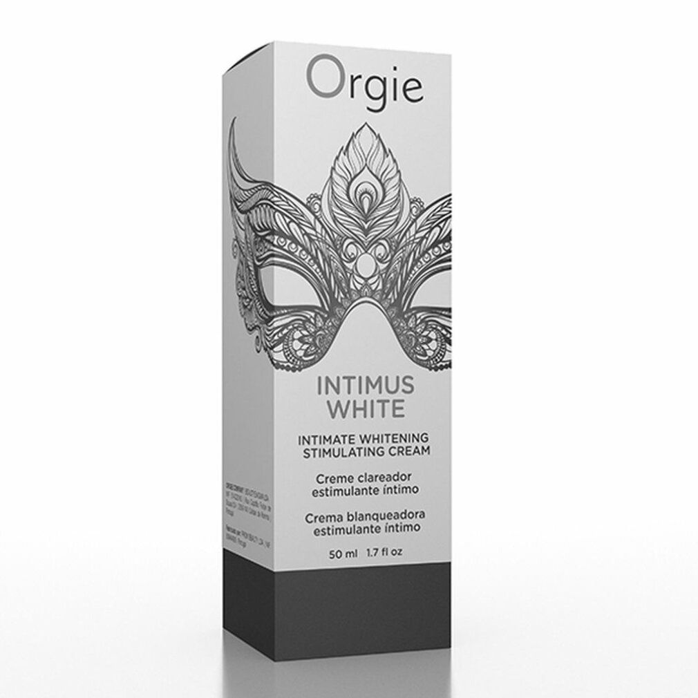 Orgie Intimus White Creme-Verpackung. Weißer Karton mit Masken-Design. Text: Intimus White, 50 ml.