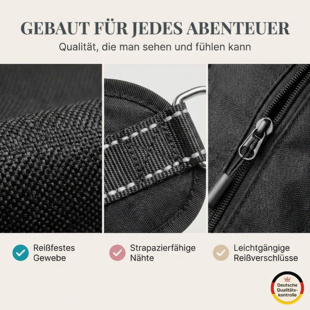 Nahaufnahmen von schwarzem Gewebe, Nähten und Reißverschluss. Reißfestes Gewebe, strapazierfähige Nähte, leichtgängige Reißverschlüsse.