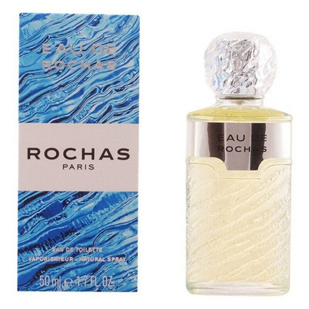 Parfümflasche und Verpackung. Flasche mit silbernem Band, Aufschrift "EAU DE ROCHAS". Blaue Verpackung mit "ROCHAS PARIS".