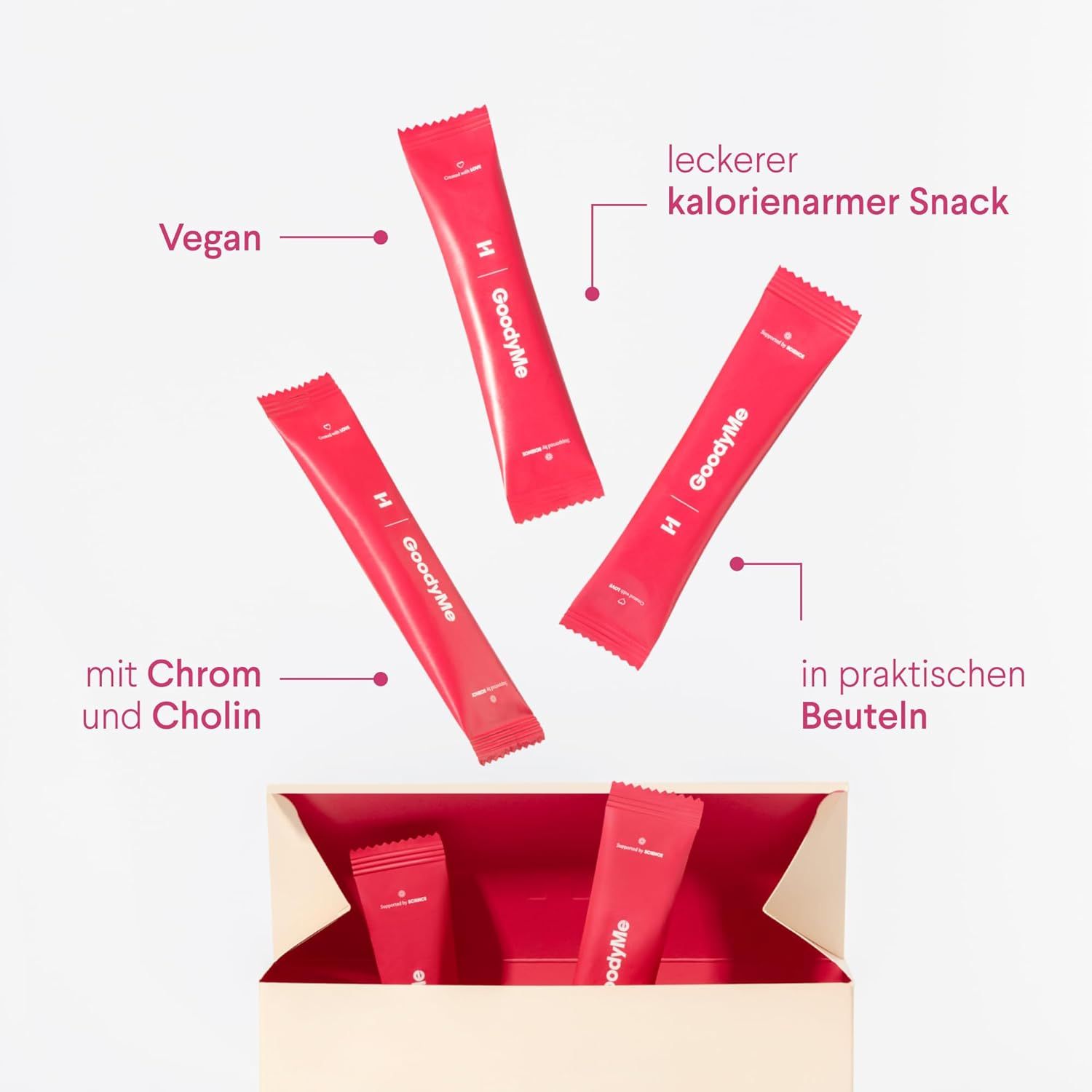 Drei rote GoodyMe-Beutel schweben über einer geöffneten Schachtel. Text: Vegan, leckerer kalorienarmer Snack, mit Chrom und Cholin, in praktischen Beuteln.