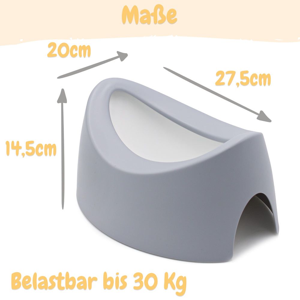 Grauer Potty. Maße: 20x27,5x14,5 cm. Belastbar bis 30 kg. Weißer Innenraum.