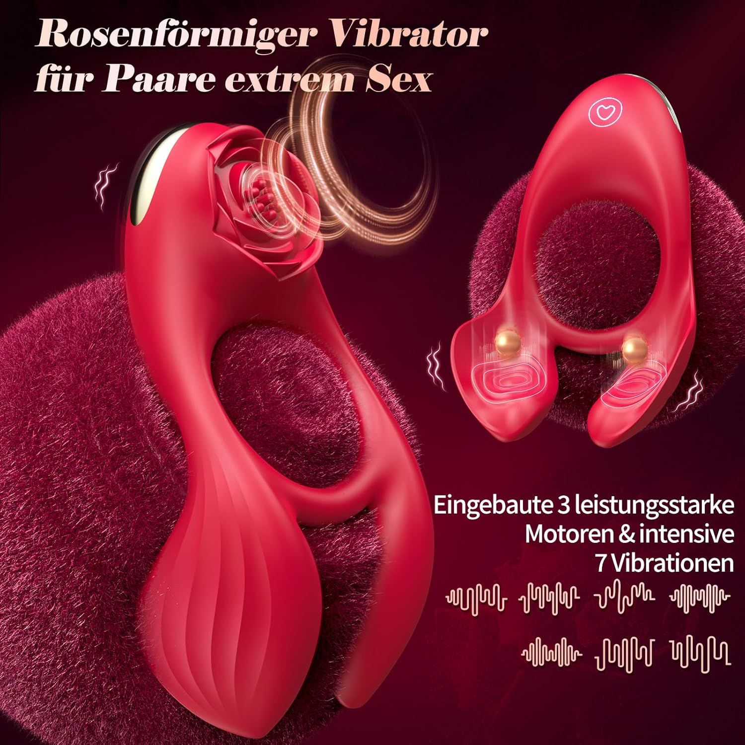 Roter Vibrator mit rosenförmigem Aufsatz und zwei weiteren Vibrationspunkten. Text: Rosenförmiger Vibrator für Paare. 7 Vibrationen.