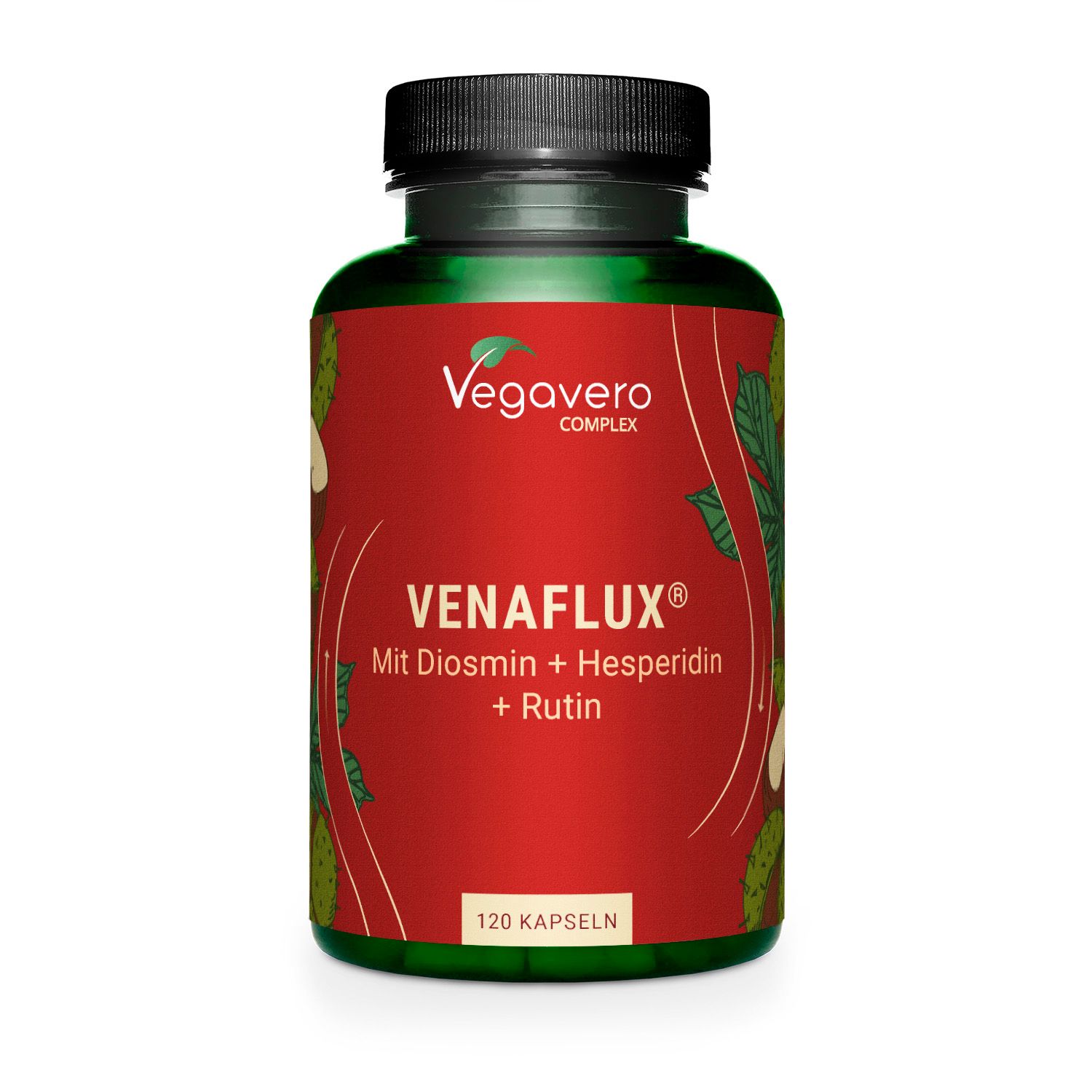 Grüne Flasche mit schwarzem Deckel. Rotes Etikett mit weißer Schrift: Venaflux Complex. 120 Kapseln.