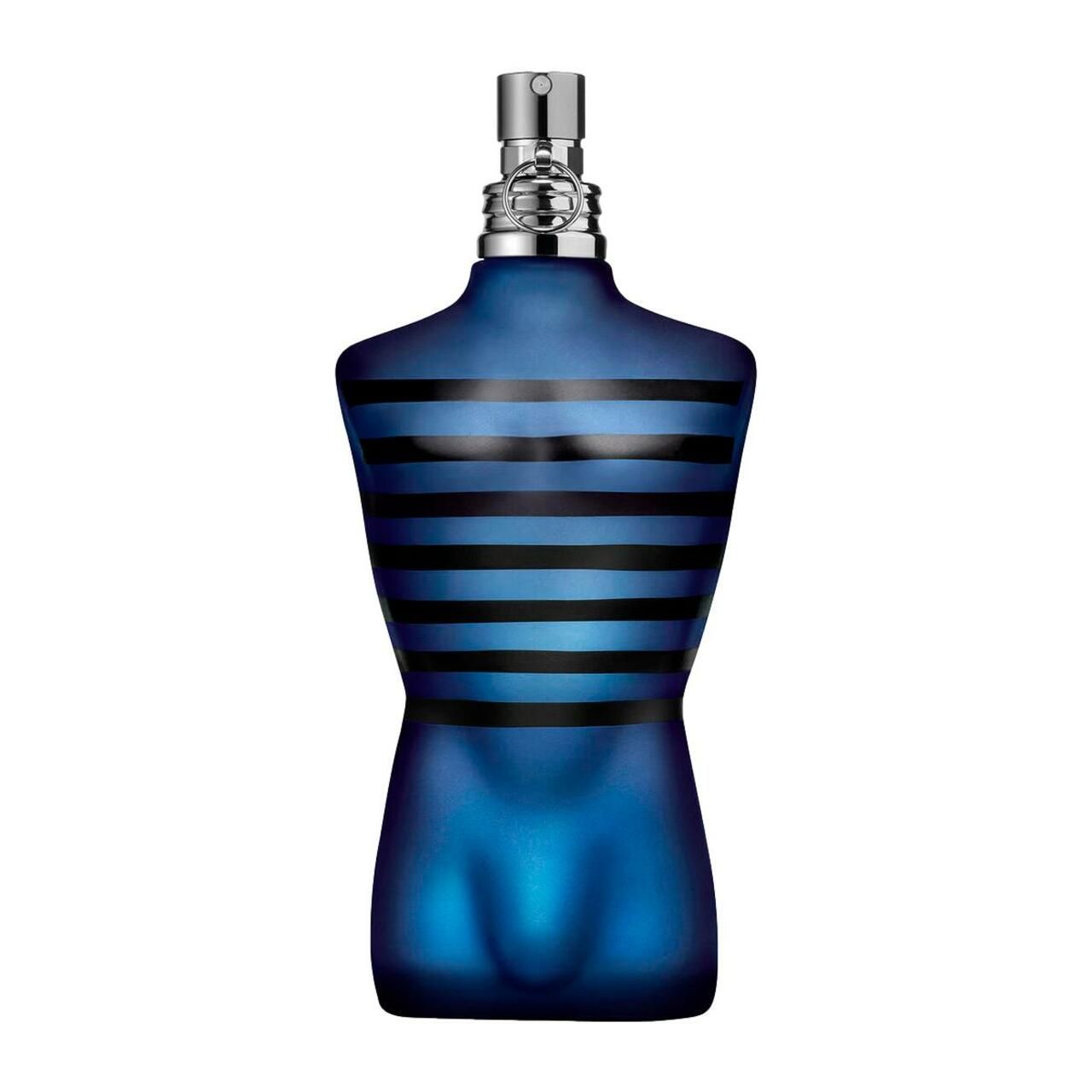 Blauer Flakon in Torsoform mit schwarzen Streifen. Silberner Sprühkopf.