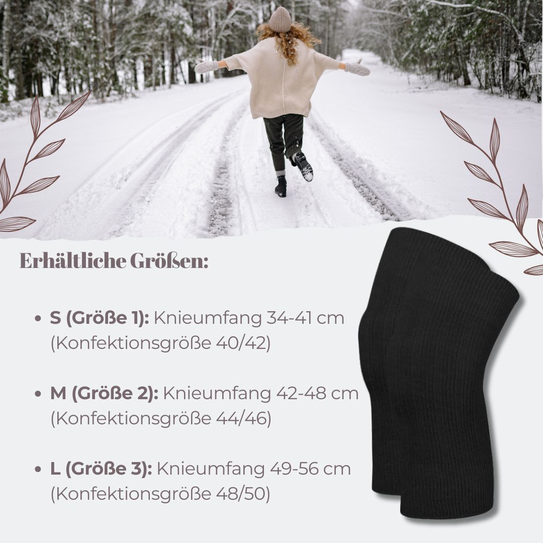 Schwarze Angora-Kniewärmer. Geripptes Material. Größen: S, M, L. Hintergrund: verschneite Landschaft.