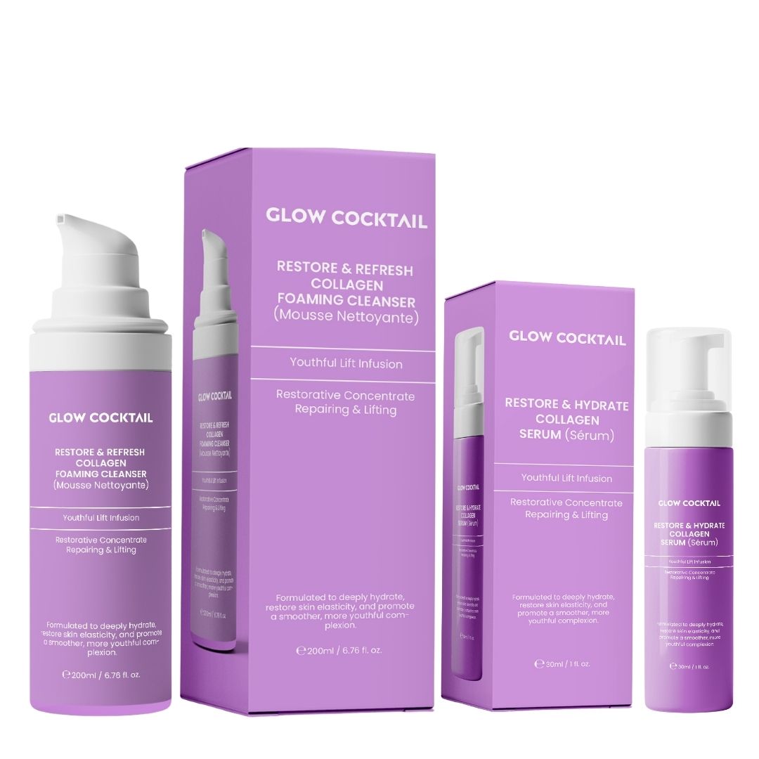 Zwei Flaschen und zwei Schachteln. Aufschrift: Glow Cocktail, Restore & Refresh Collagen Foaming Cleanser, Restore & Hydrate Collagen Serum.