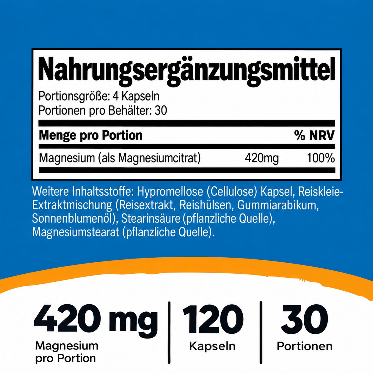 Flasche mit 120 Kapseln Magnesiumcitrat, 420mg pro Portion.