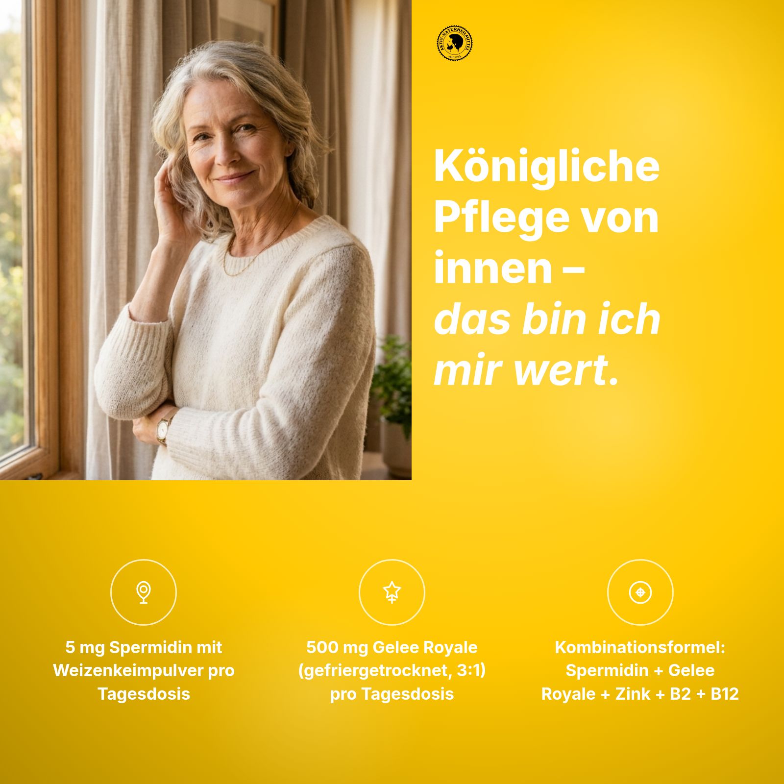 Ältere Frau lächelt, daneben Informationen zu Spermidin, Gelee Royale und einer Kombinationsformel.