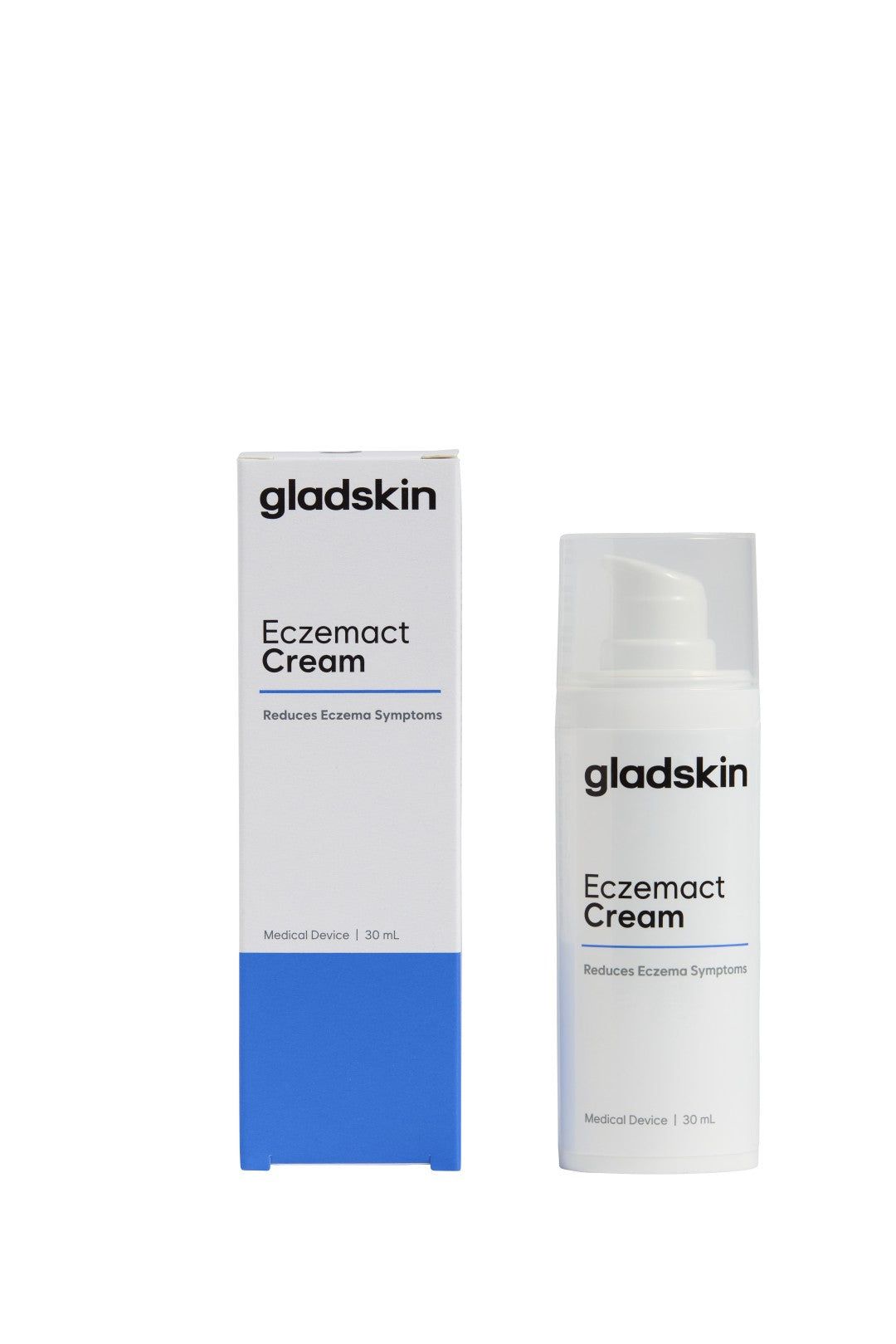 Gladskin Eczemact Cream, weiße Flasche und Schachtel. Aufschrift: Reduziert Ekzemsymptome. Medizinprodukt.