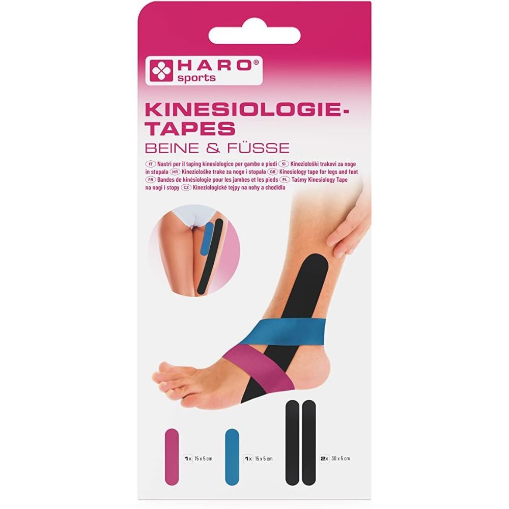 Verpackung mit Kinesiologie-Tapes für Beine und Füße. Abbildung eines Fußes mit aufgeklebten Tapes in Pink, Blau und Schwarz. Marke: HARO Sports.