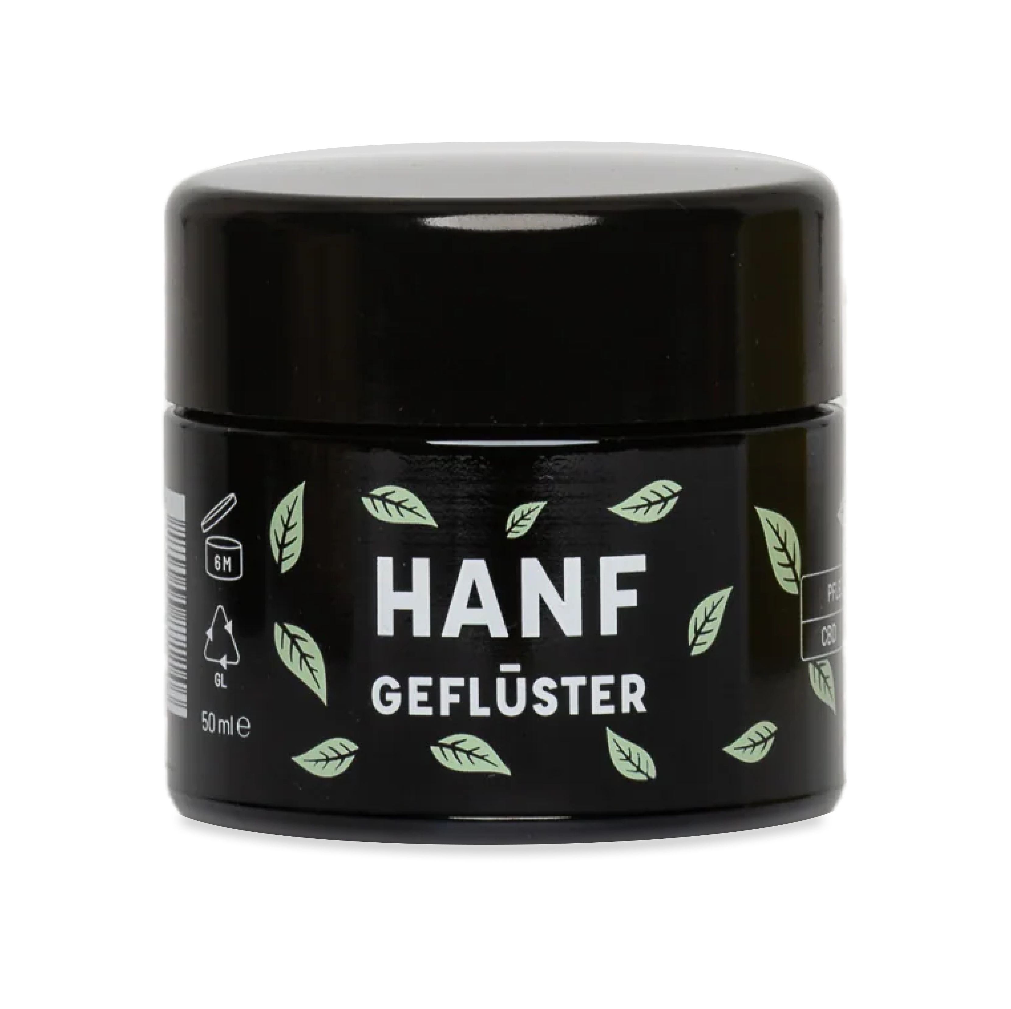 Schwarzer Tiegel mit Deckel. Aufschrift: HANF GEFLÜSTER. Blätter-Dekor. 50ml. Symbole für Recycling und Haltbarkeit.