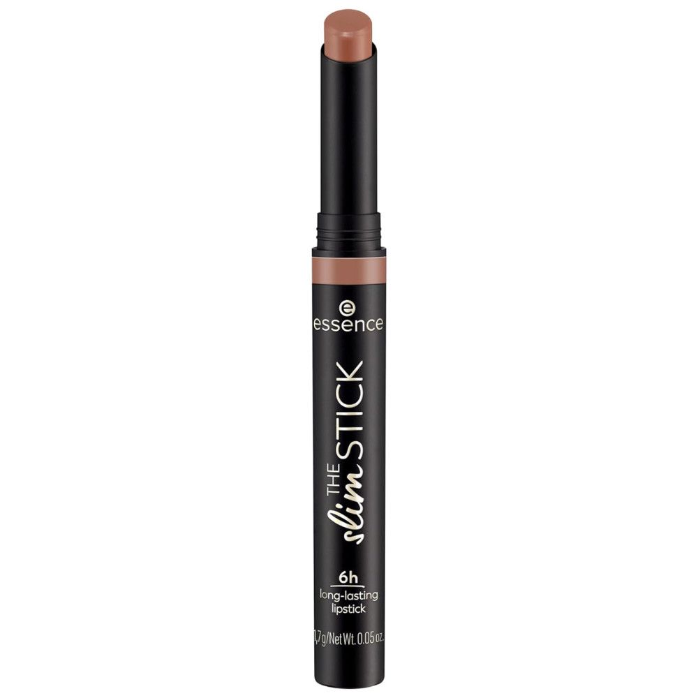 Lippenstift The Slim Stick von Essence. Schwarze Hülse, braune Lippenstiftspitze. Aufschrift: 6h long-lasting lipstick.