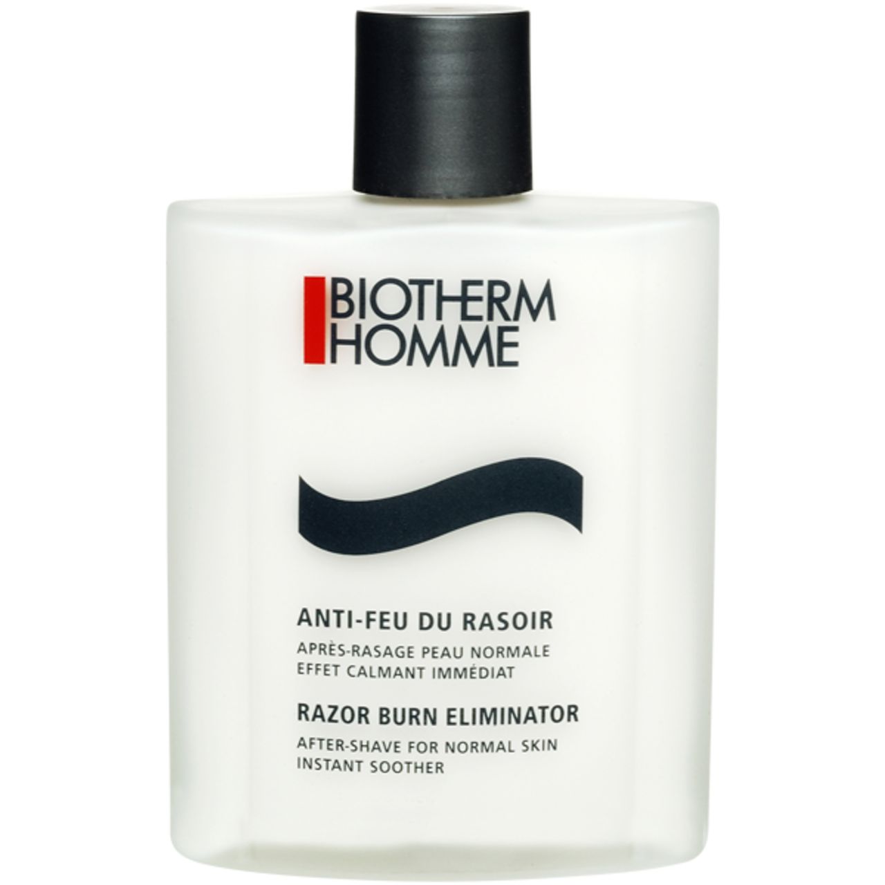 Weißes Flakon mit schwarzem Deckel. BIOTHERM HOMME Logo und Produktbezeichnung. Text: ANTI-FEU DU RASOIR, RAZOR BURN ELIMINATOR.