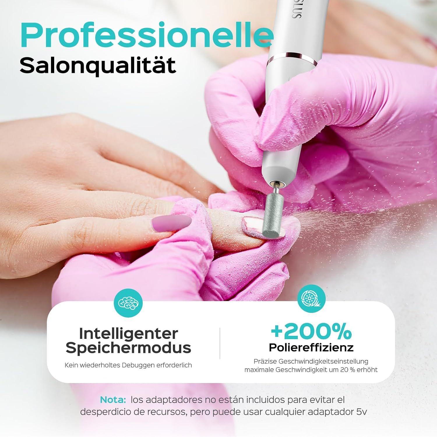 Nahaufnahme einer Nagelpflege mit einem elektrischen Nagelfräser und rosa Handschuhen.