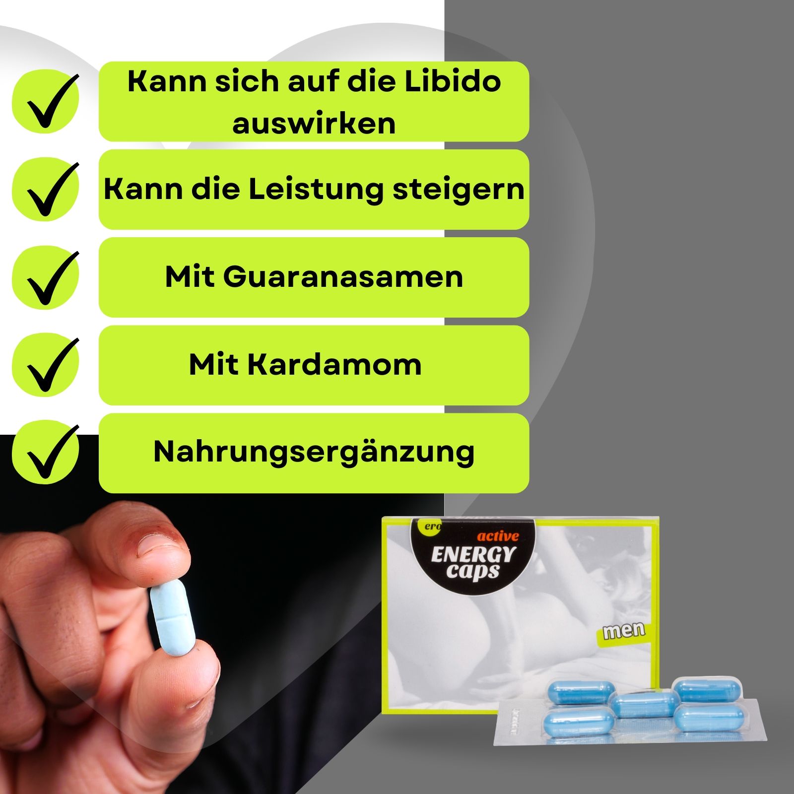 Blisterpackung mit blauen Kapseln. Daneben eine Packung "Ero active ENERGY caps".