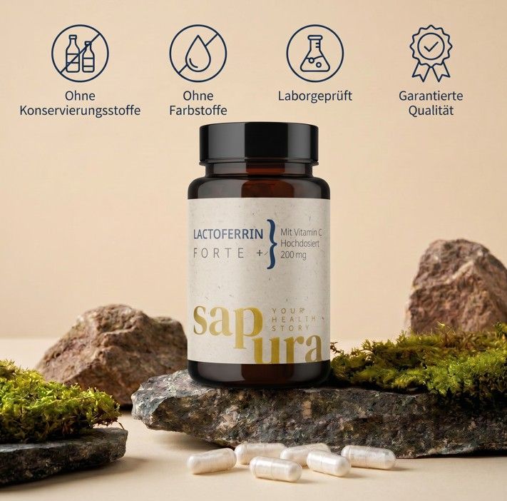 Lactoferrin Forte Kapseln: Ohne Konservierungsstoffe, Farbstoffe. Laborgeprüft. Sapura Health.