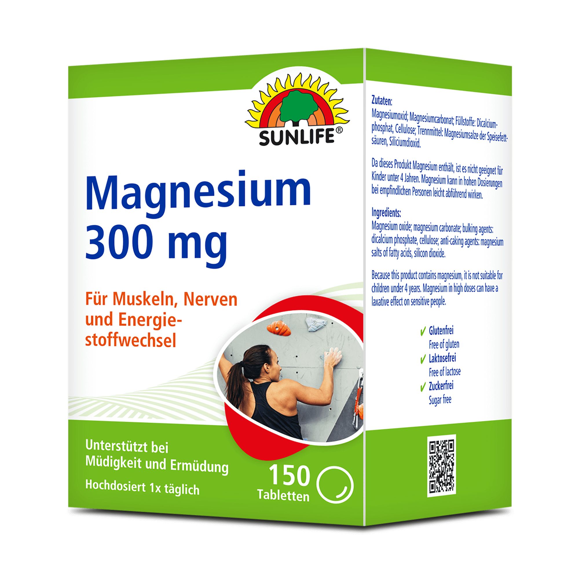 Sunlife Magnesium 300 Tabletten. Verpackung mit 150 Tabletten. Aufschrift: Magnesium 300 mg. Für Muskeln, Nerven und Energiestoffwechsel.