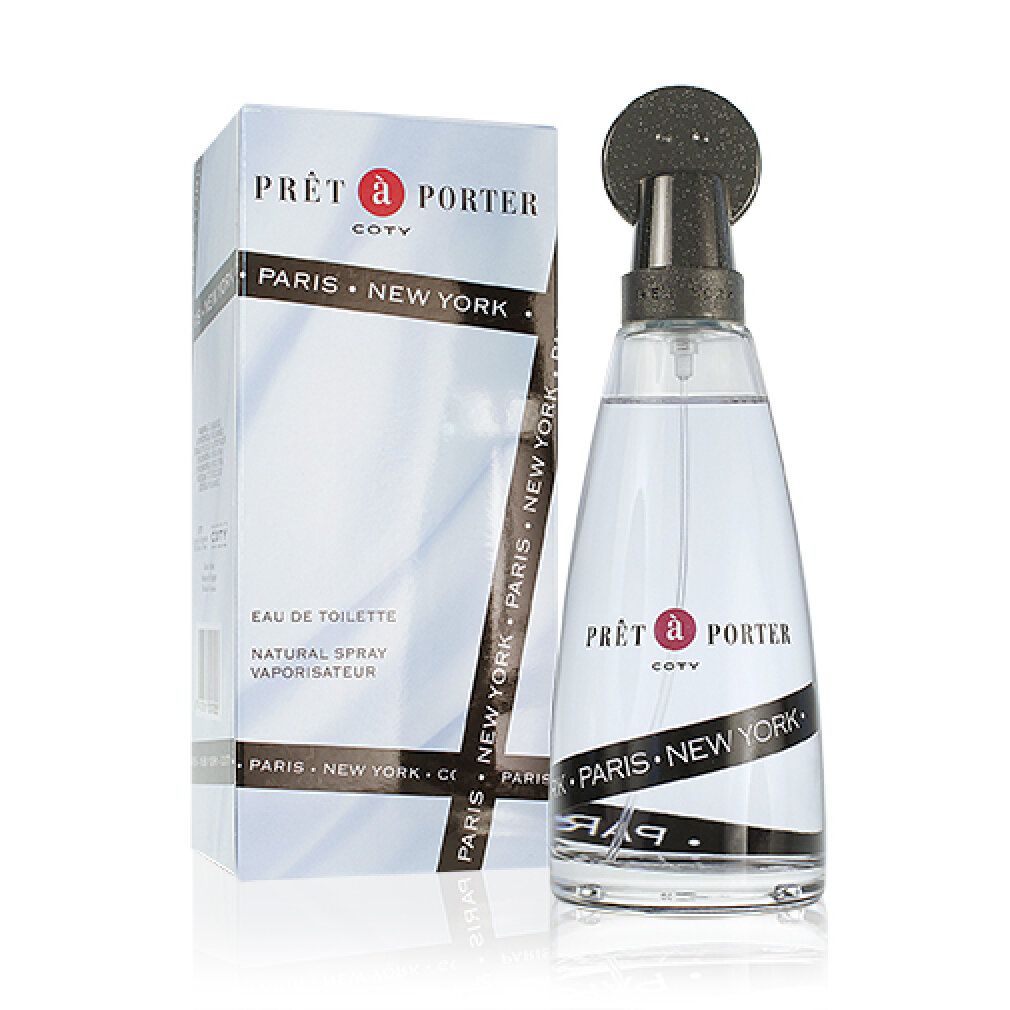 Flakon und Verpackung von Coty Prêt à Porter. Flakon mit schwarzem Sprühkopf. Verpackung mit Produktnamen und Schriftzug.